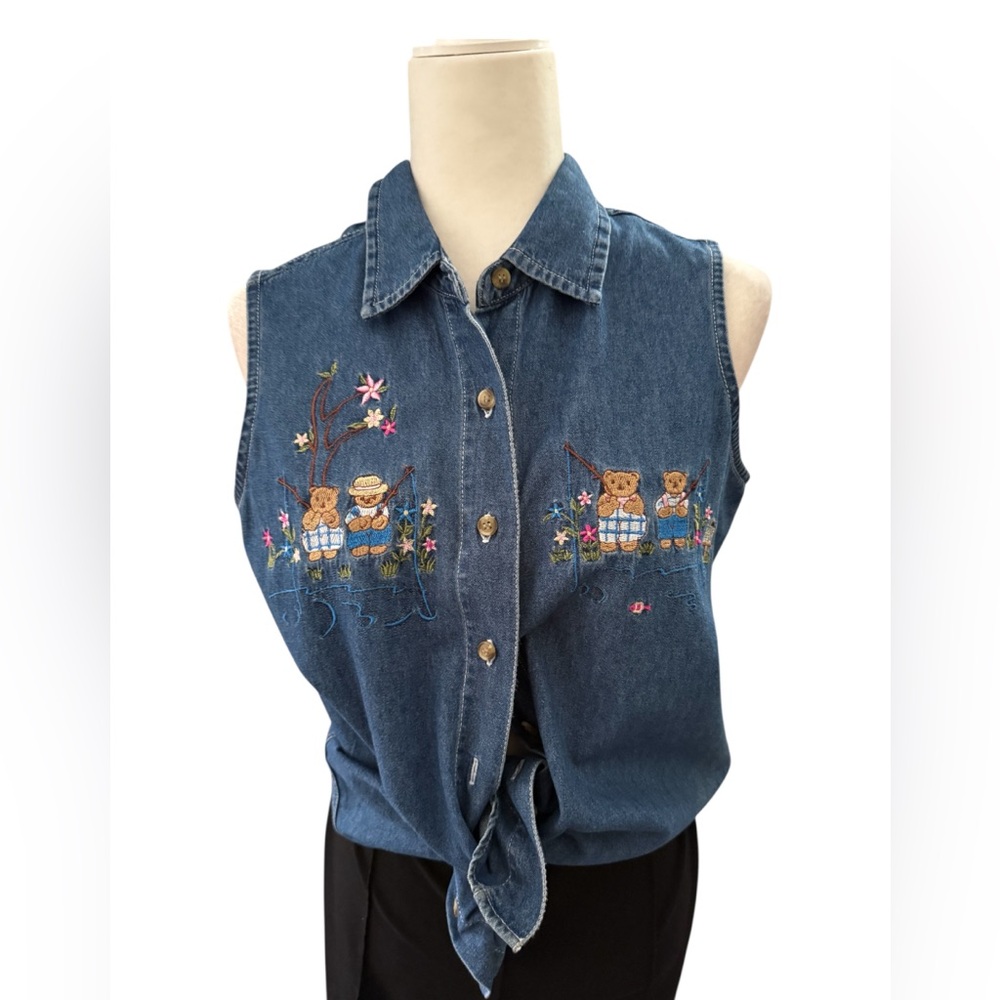 Vintage Sleeveless Embroidered Denim Tie-Front Top - Blue